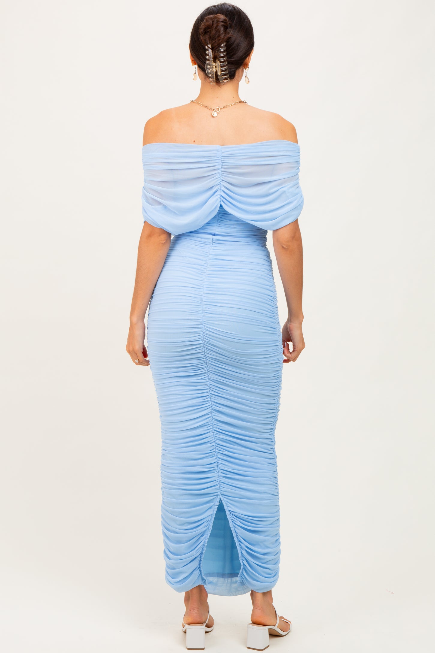 Light Blue Ruched Mesh Foldover Off Shoulder Maxi Dress