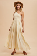 Cream Smocked One Shoulder Maxi Dress
