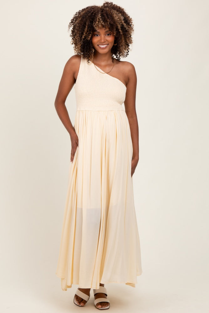 Cream Smocked One Shoulder Maternity Maxi Dress