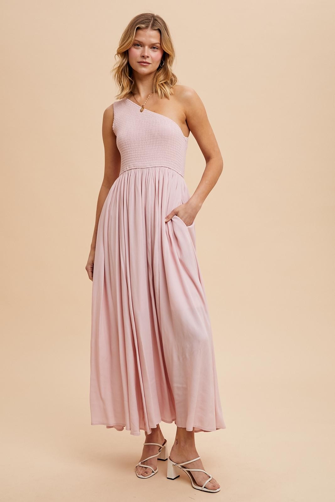 Light Pink Smocked One Shoulder Maxi Dress