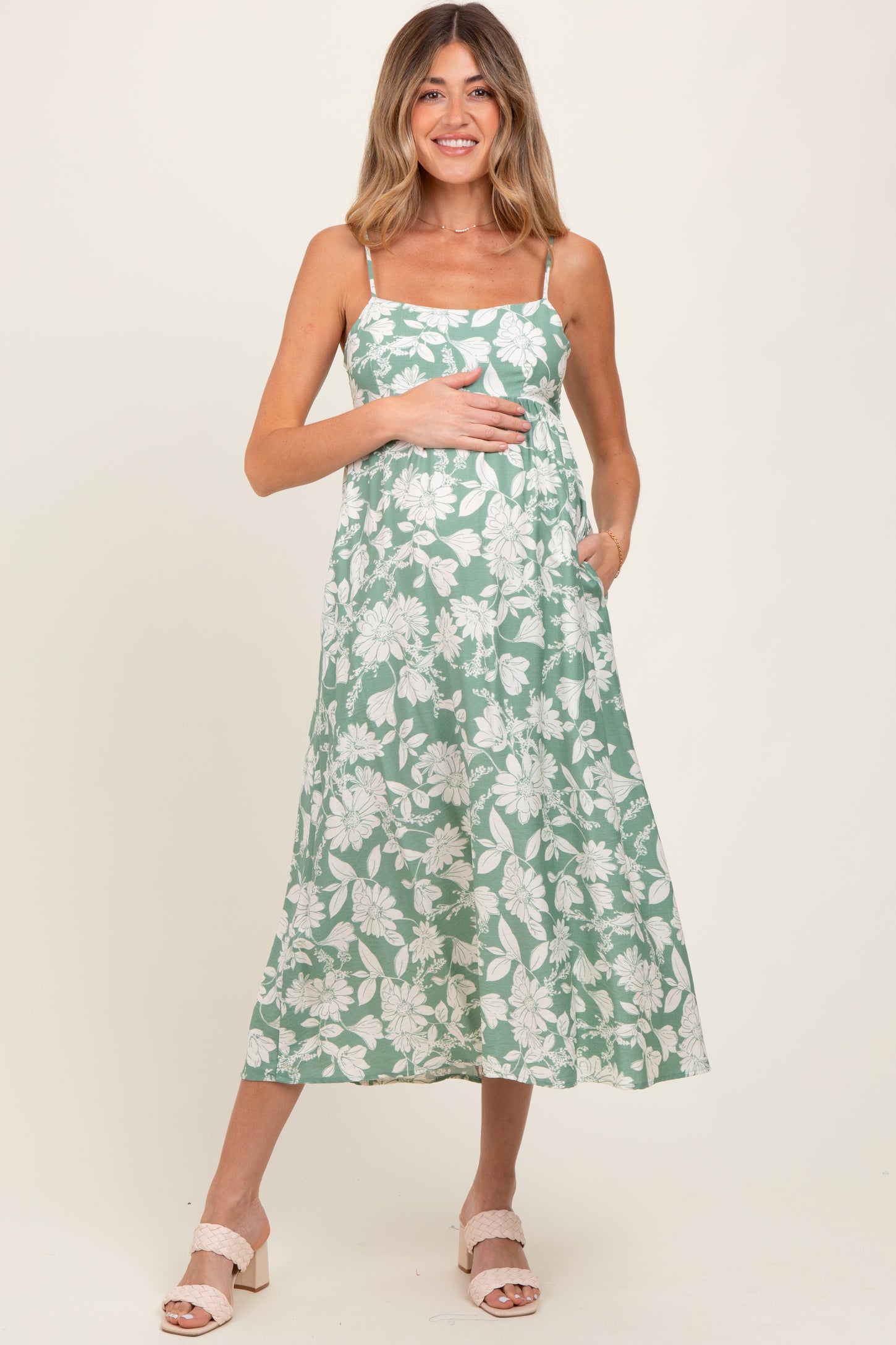 Light Olive Floral Sleeveless Maternity Midi Dress