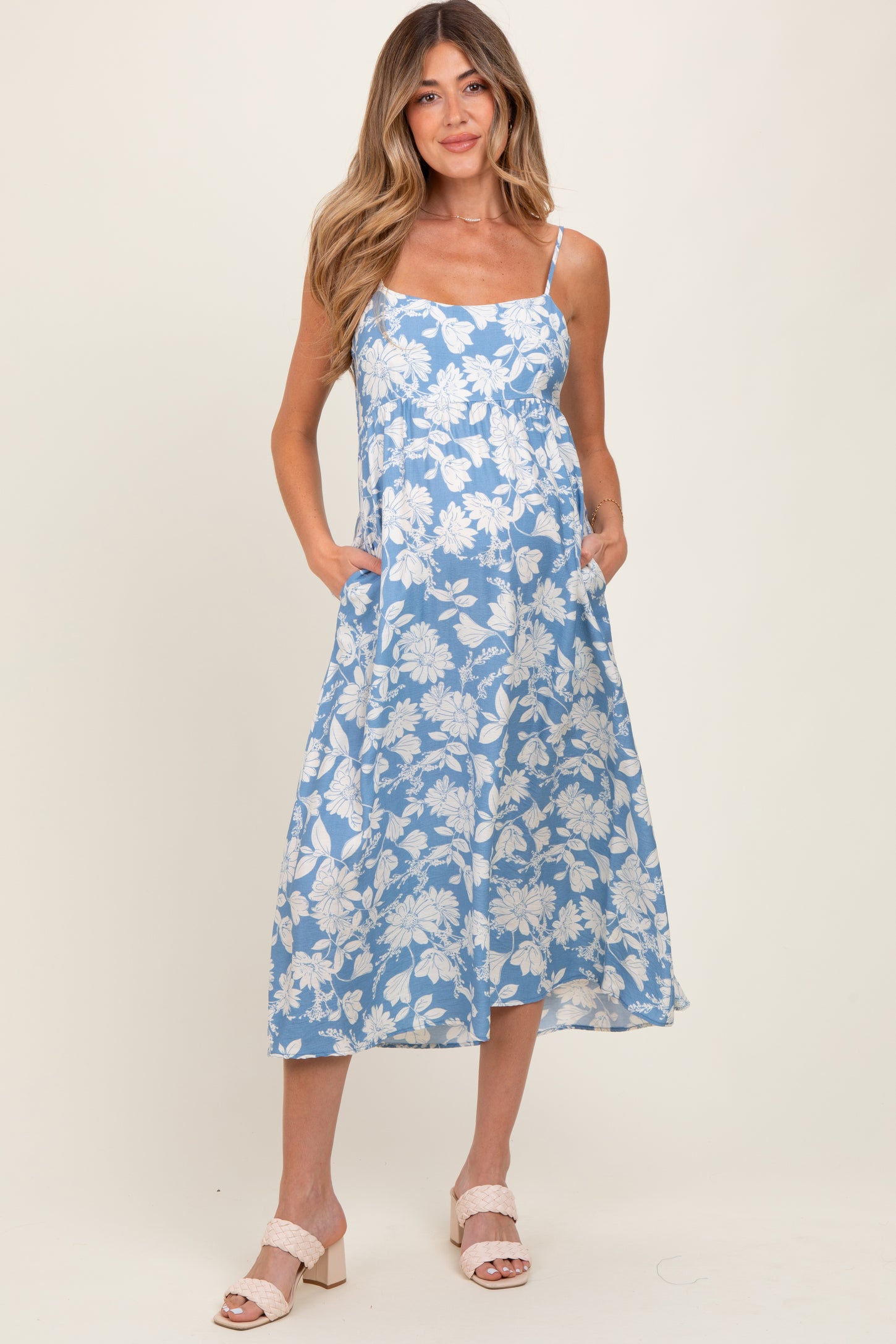 Blue Floral Sleeveless Maternity Midi Dress