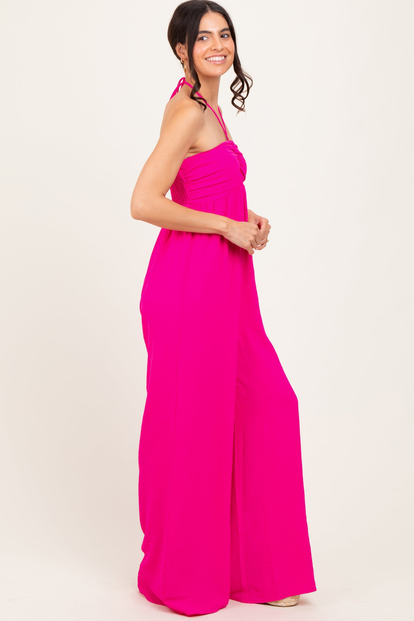 Fuchsia Halter Neck Wide Leg Jumpsuit