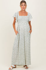 Ivory Floral Smocked Lace Trim Wide Leg Maternity Jumpsuit