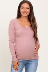 Mauve Ribbed Ruched Maternity Long Sleeve Top