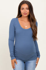Blue Ribbed Ruched Maternity Long Sleeve Top