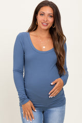 Blue Ribbed Ruched Maternity Long Sleeve Top