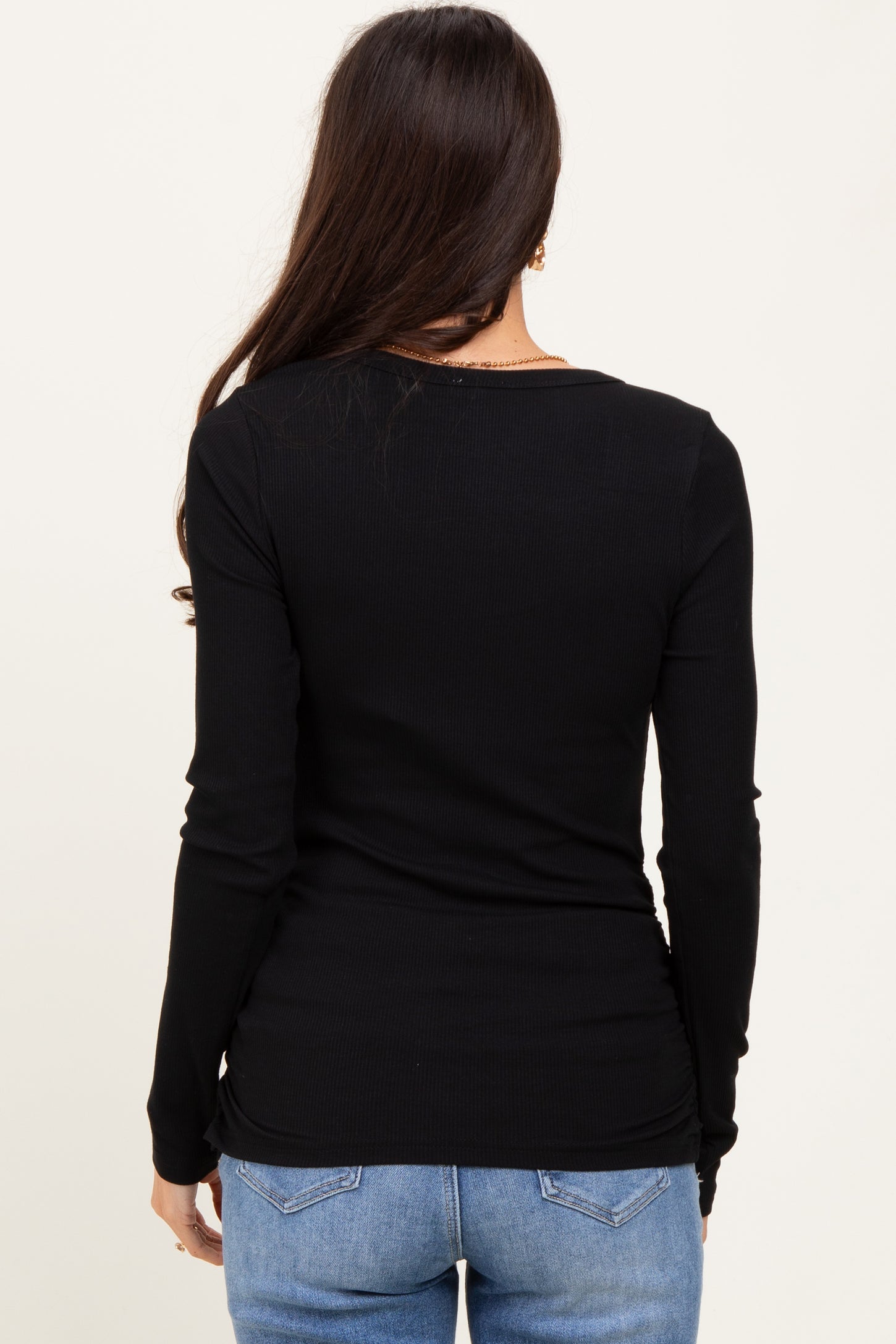 Black Ribbed Ruched Long Sleeve Top