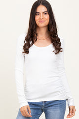 White Ribbed Ruched Long Sleeve Top