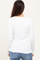 White Ribbed Ruched Long Sleeve Top