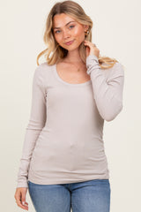 Taupe Ribbed Ruched Long Sleeve Top