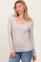Taupe Ribbed Ruched Long Sleeve Top