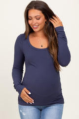 Navy Ribbed Ruched Maternity Long Sleeve Top