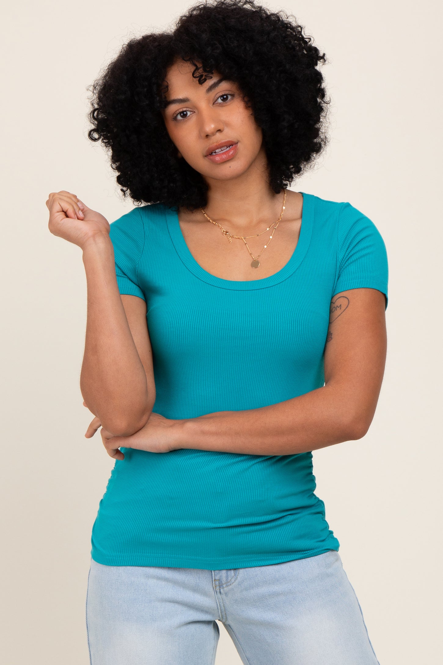 Teal Ribbed Ruched Short Sleeve Maternity Top