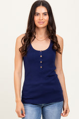 Navy Ribbed Knit Button Tank Top