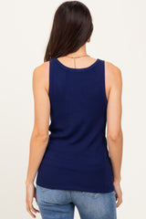 Navy Ribbed Knit Button Tank Top