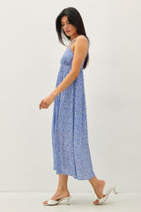 Blue Printed Sleeveless Midi Dress