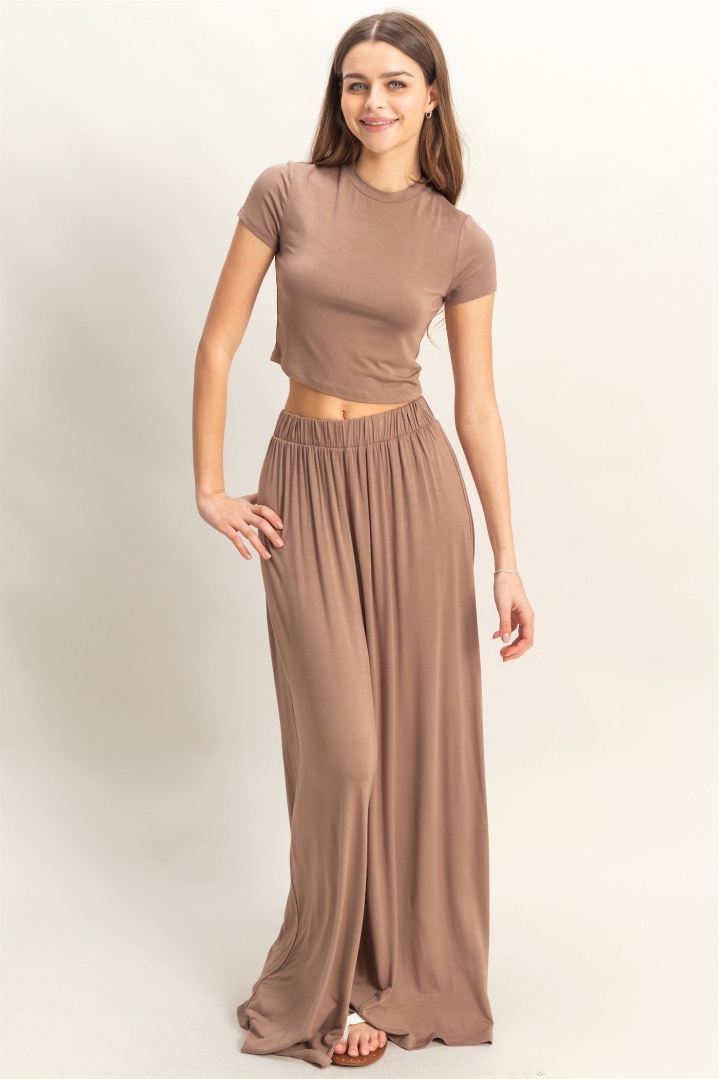 Mocha Cropped Short Sleeve Wide Leg Pants Maternity Set