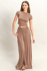 Mocha Cropped Short Sleeve Wide Leg Pants Maternity Set