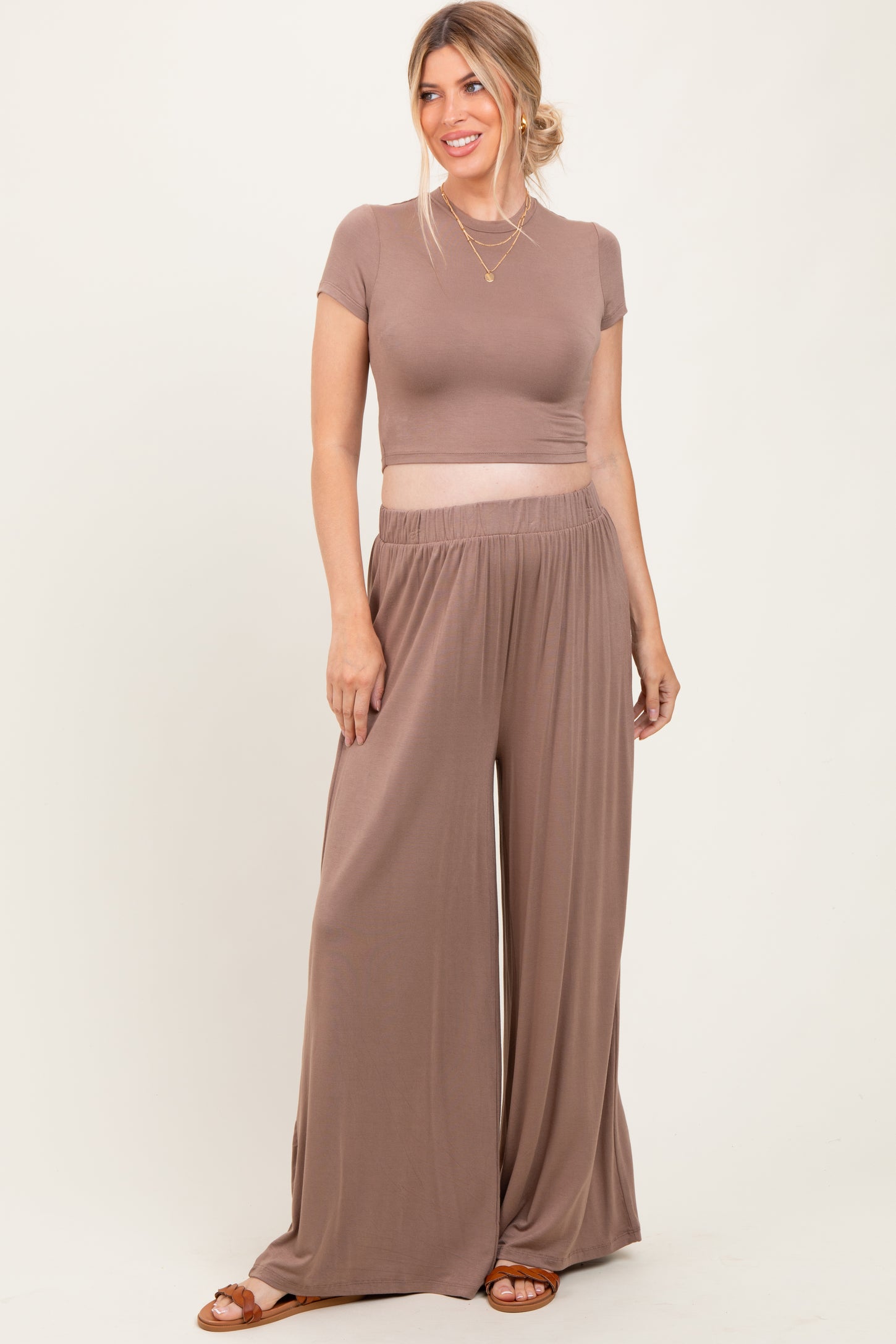 Mocha Cropped Short Sleeve Wide Leg Pants Maternity Set