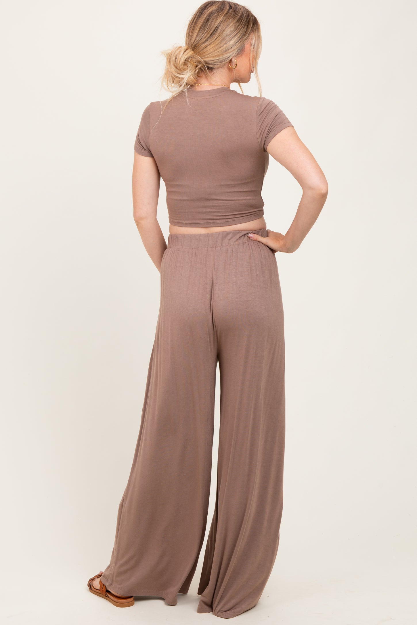 Mocha Cropped Short Sleeve Wide Leg Pants Maternity Set