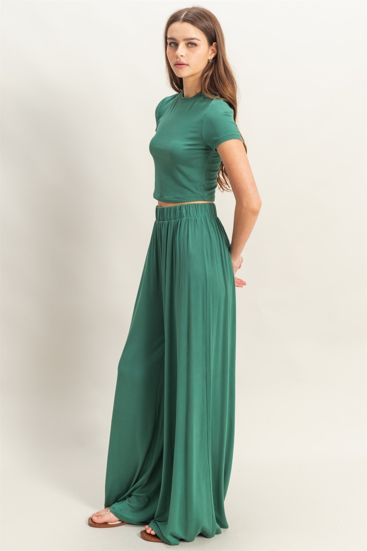 Emerald Green Cropped Short Sleeve Wide Leg Pants Set