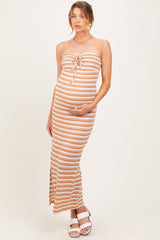Camel Striped Knit Strapless Side Slit Maternity Maxi Dress