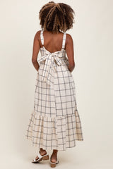 Cream Plaid Cutout Tie Back Maternity Maxi Dress