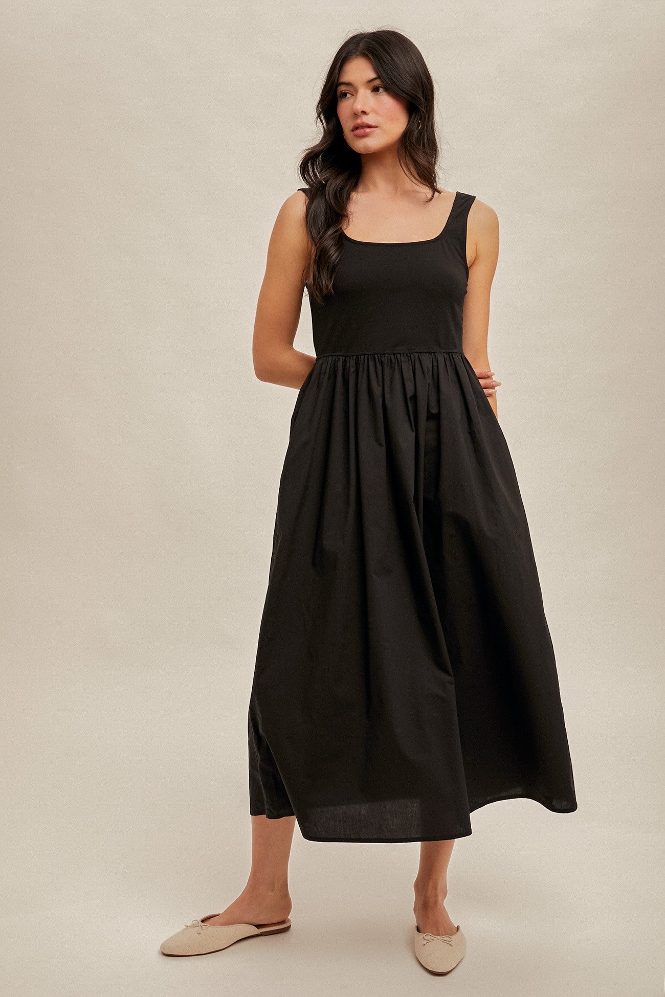 Black Contrast Sleeveless Square Neck Midi Dress