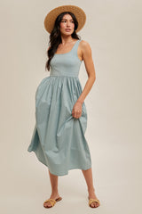 Light Blue Contrast Sleeveless Square Neck Midi Dress