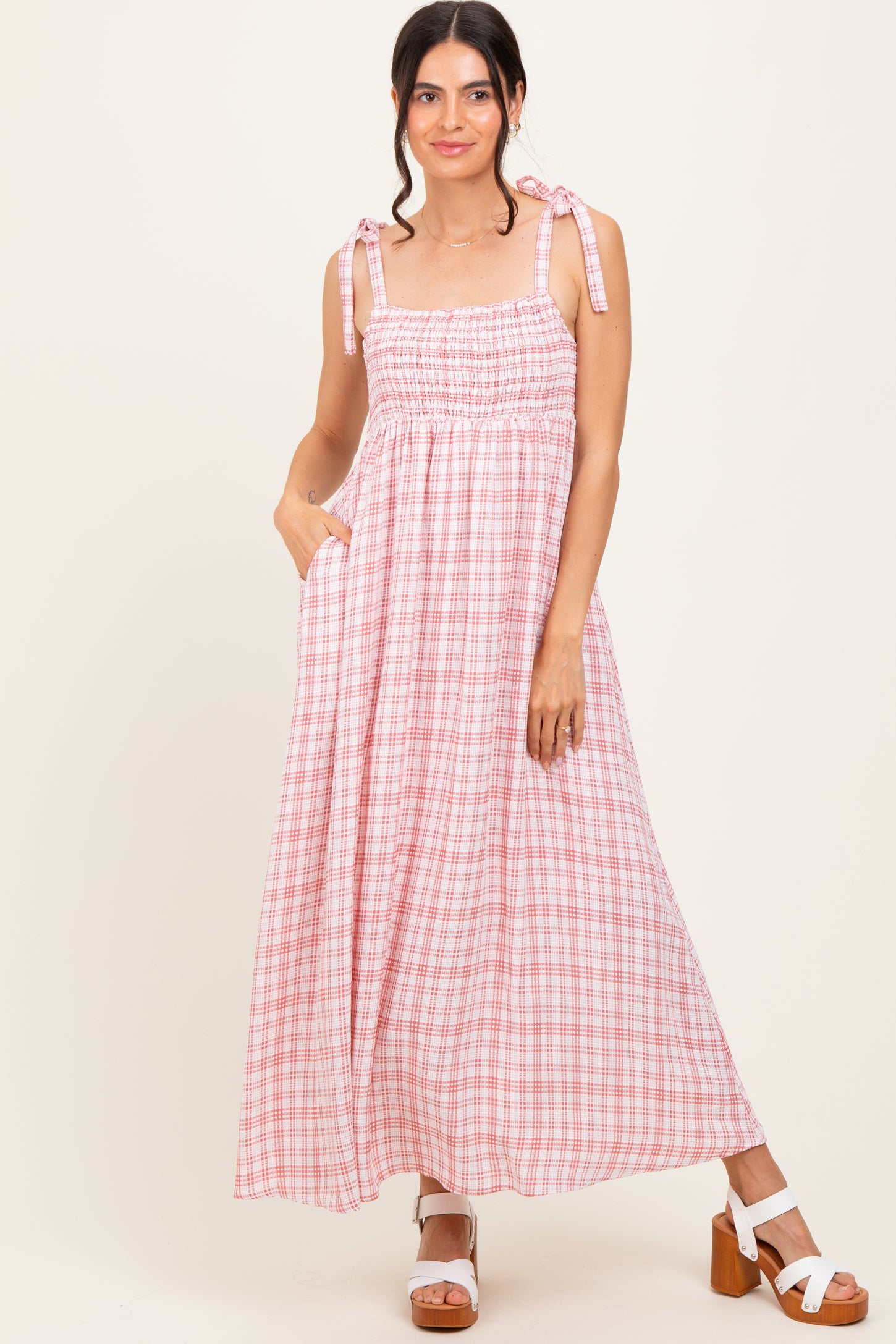 Pink Plaid Smocked Shoulder Tie Maxi Dress