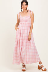 Pink Plaid Smocked Shoulder Tie Maternity Maxi Dress