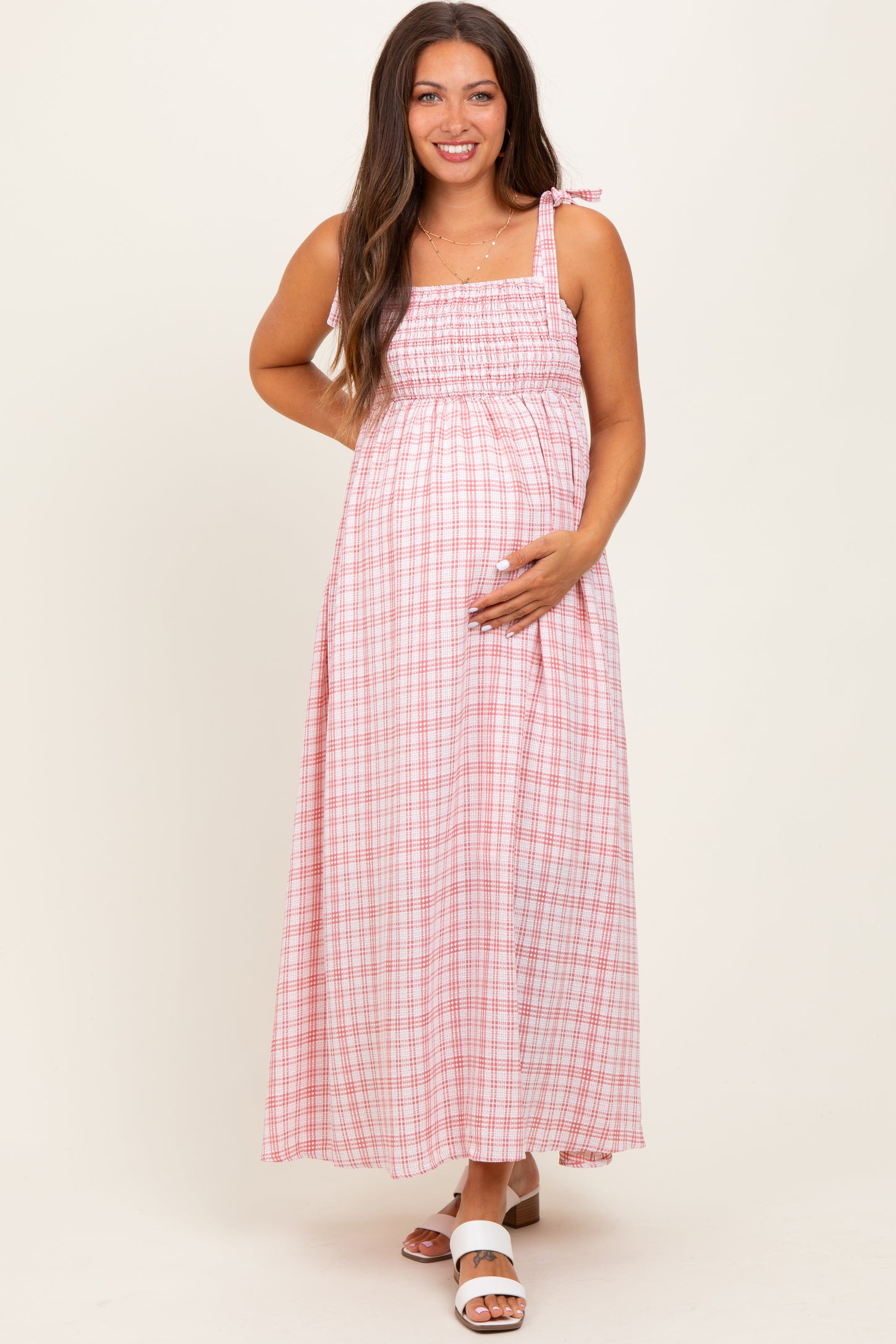 Pink Plaid Smocked Shoulder Tie Maternity Maxi Dress