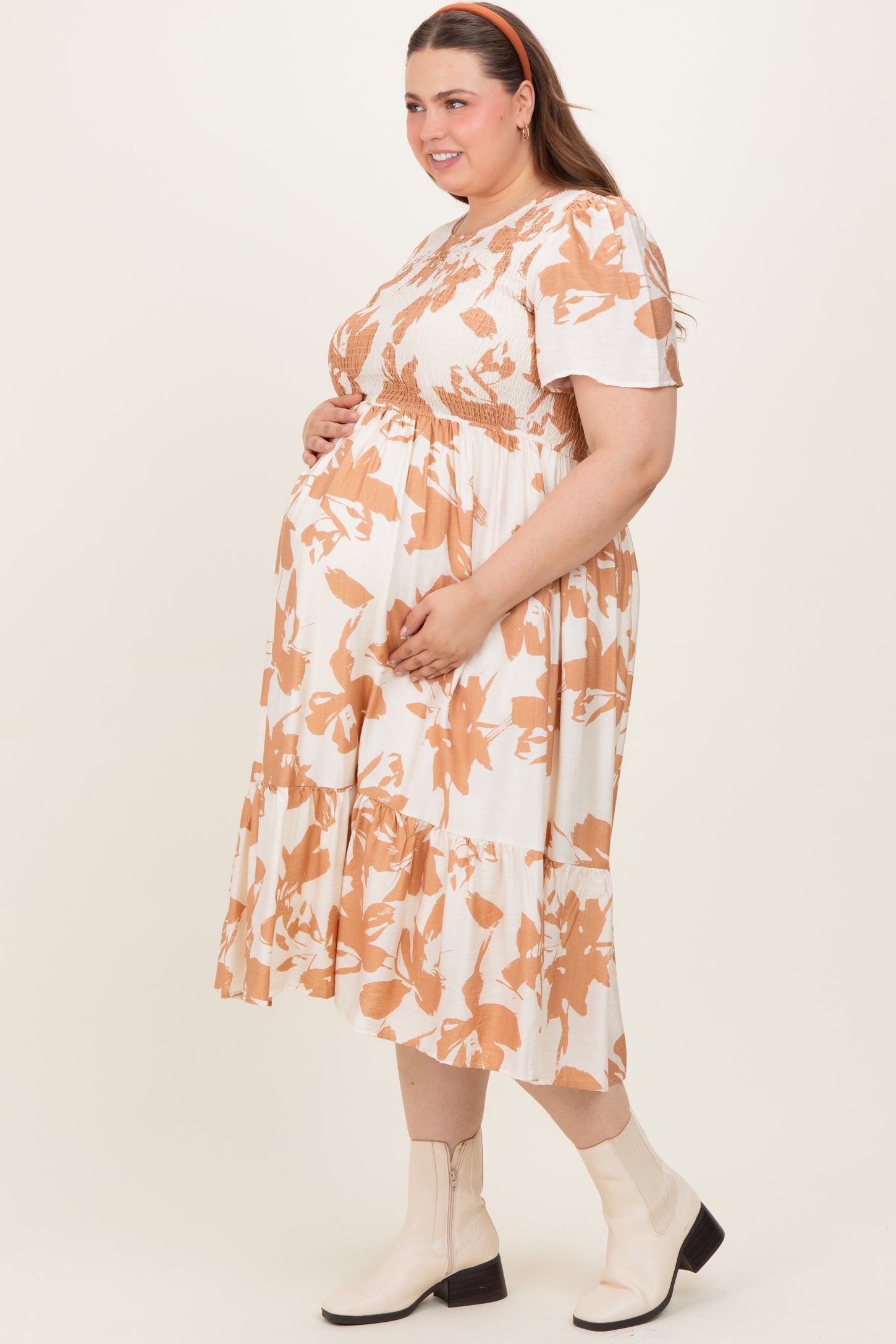 Cream Floral Smocked Short Sleeve Maternity Plus Midi Dress