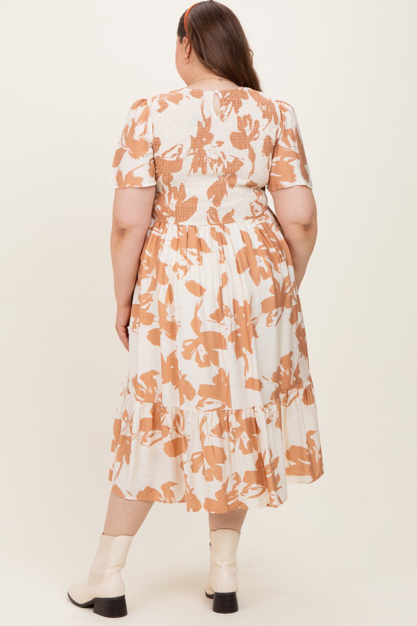 Cream Floral Smocked Short Sleeve Maternity Plus Midi Dress