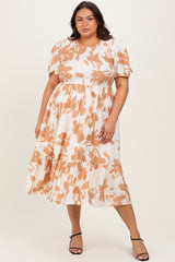 Cream Floral Smocked Short Sleeve Plus Midi Dress