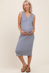 Navy Striped V-Neck Button Up Sleeveless Maternity Midi Dress