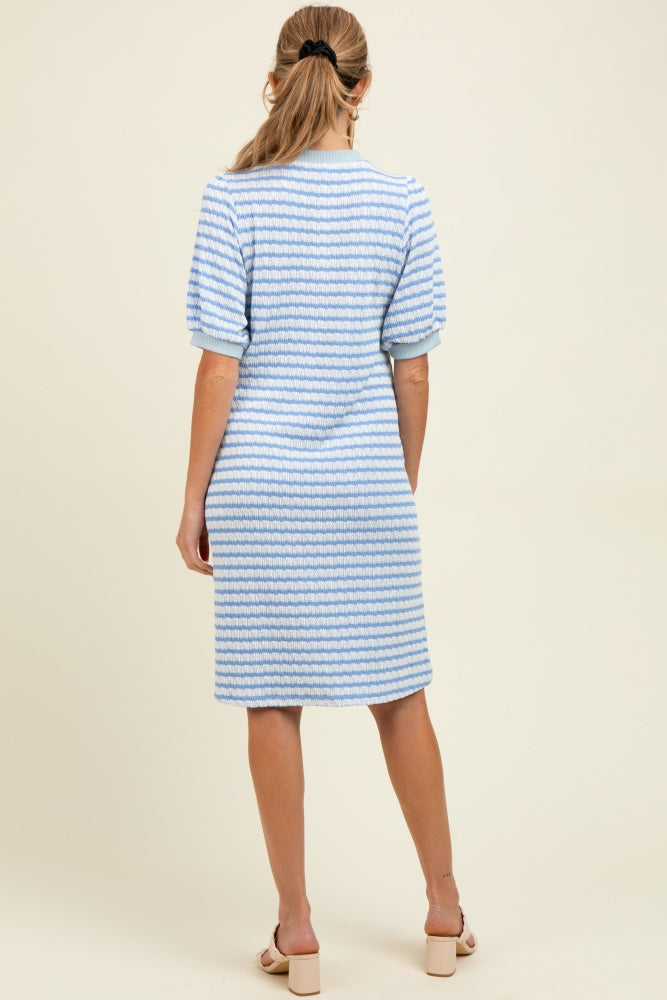 Blue Striped Textured Knit Button Up Maternity Dress