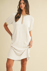 Ivory Striped Textured Knit Button Up Dress