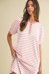 Light Pink Striped Textured Knit Button Up Dress