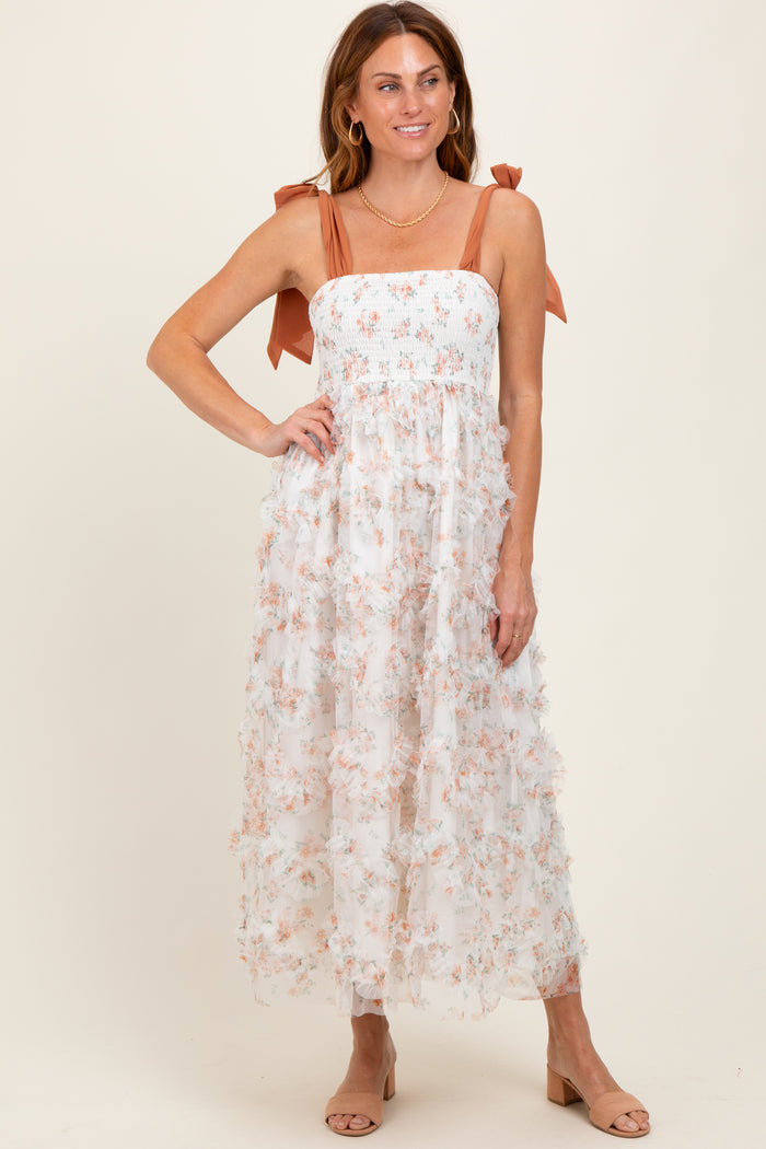 Rust Floral Smocked Shoulder Tie Ruffled Maternity Midi Dress