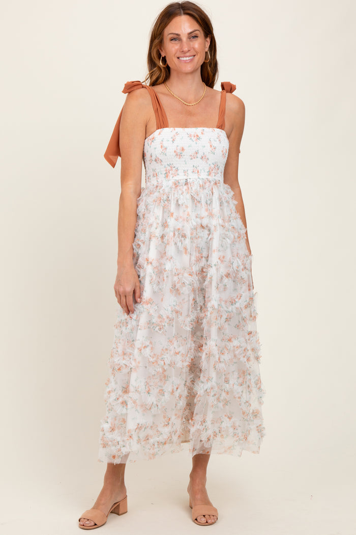 Rust Floral Smocked Shoulder Tie Ruffled Midi Dress