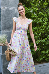 Multi Color Floral Smocked Back Bow Maternity Maxi Dress