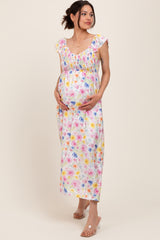 Multi Color Floral Smocked Back Bow Maternity Maxi Dress