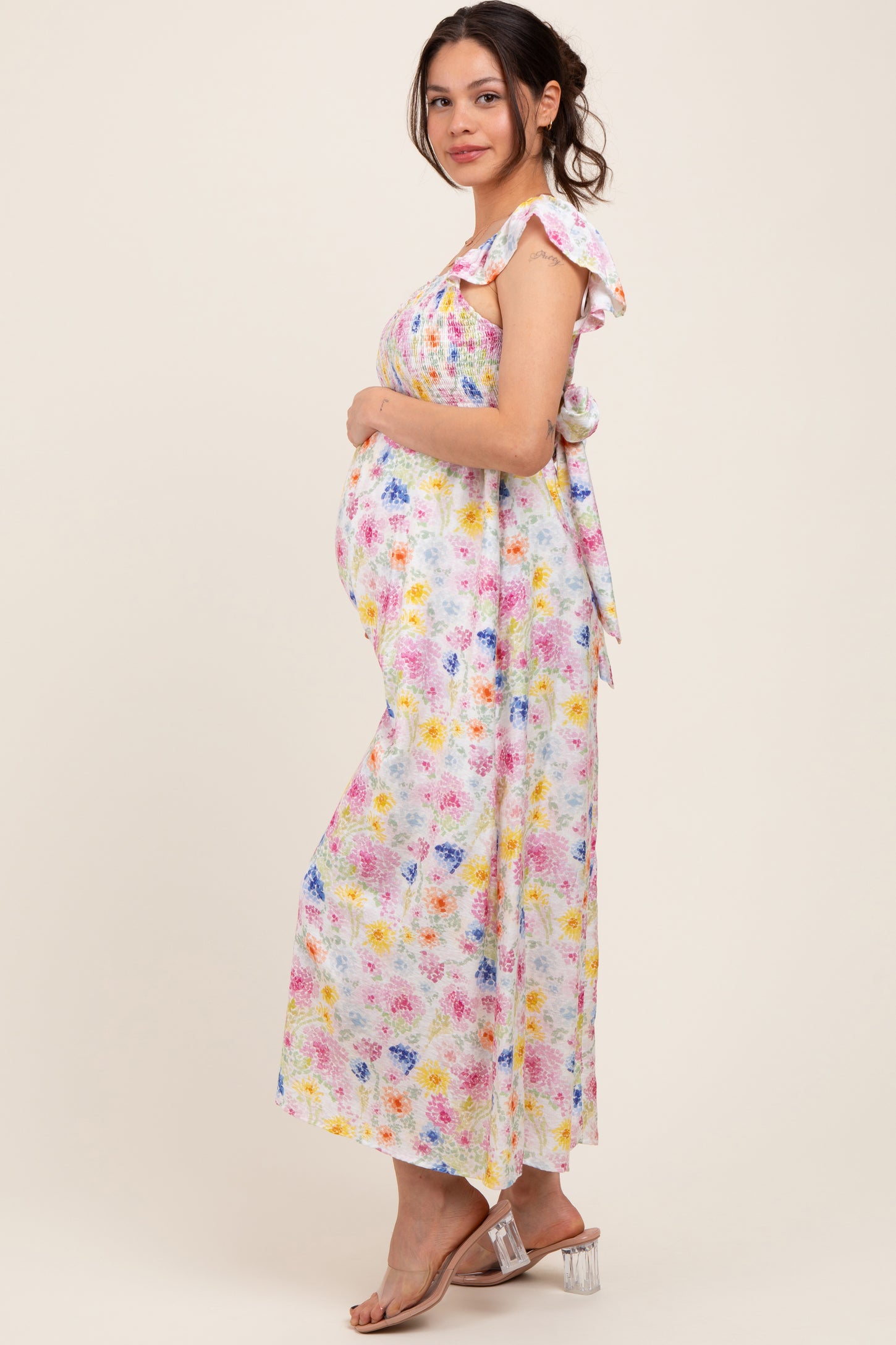 Multi Color Floral Smocked Back Bow Maternity Maxi Dress
