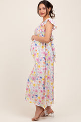 Multi Color Floral Smocked Back Bow Maternity Maxi Dress