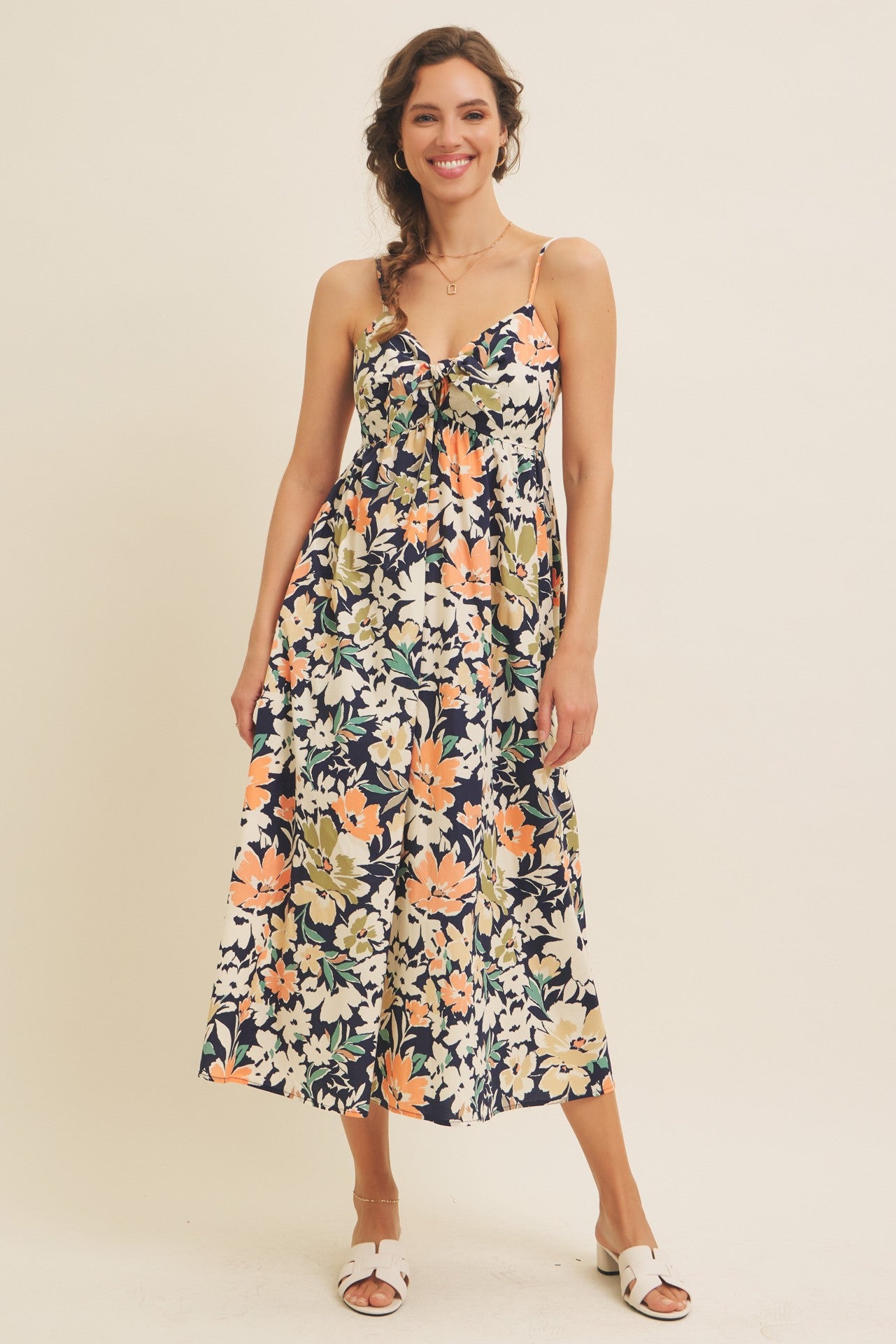 Navy Multi Floral Front Tie Sleeveless Midi Dress