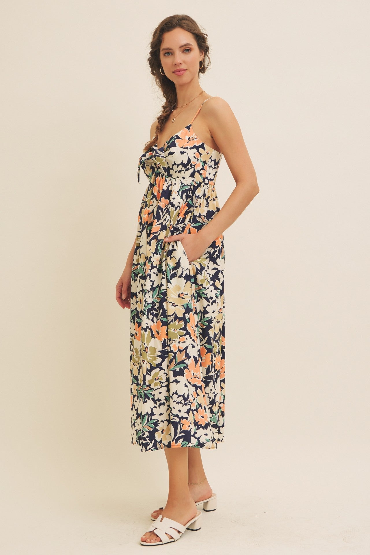 Navy Multi Floral Front Tie Sleeveless Midi Dress