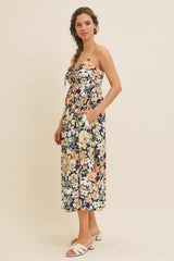 Navy Multi Floral Front Tie Sleeveless Midi Dress