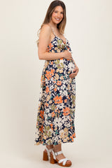 Navy Multi Floral Front Tie Sleeveless Maternity Midi Dress